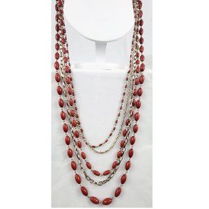 Vintage Gold Tone Red Bead Multistrand Necklace